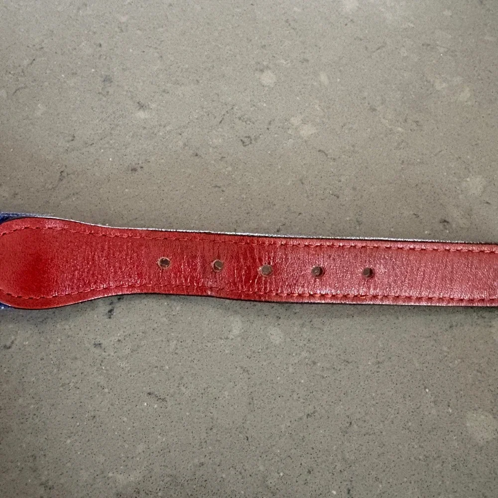 Smathers & Branson Mens Golf Needlepoint Belt Blue Leather Brass Buckle Size 42